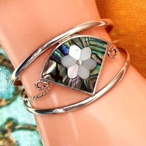 Vintage Alpaca Mexico Abalone Mother of Pearl Flower Cuff Bracelet
